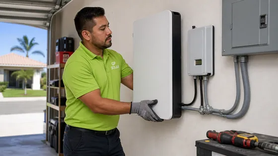 A technician in a GP Solar shirt mounting a home battery unit on a garage wall.