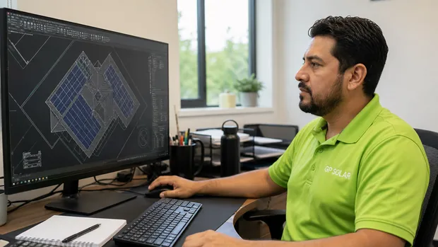A GP Solar designer laying out a rooftop photovoltaic array on a large CAD display.