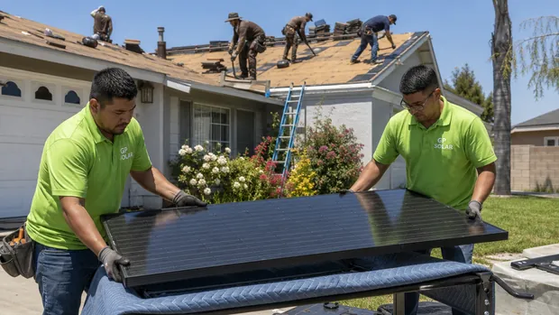 Two technicians in GP Solar shirts lifting a solar panel onto a padded rack while a separate roofing crew works behind them.