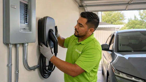 A technician in a GP Solar shirt mounting a Level 2 EV charger on a garage wall.