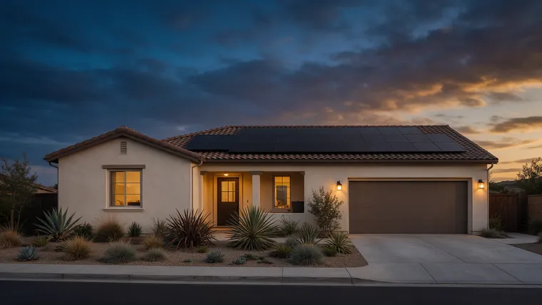 A single-storey home at dusk with rooftop solar panels and warm interior lighting.