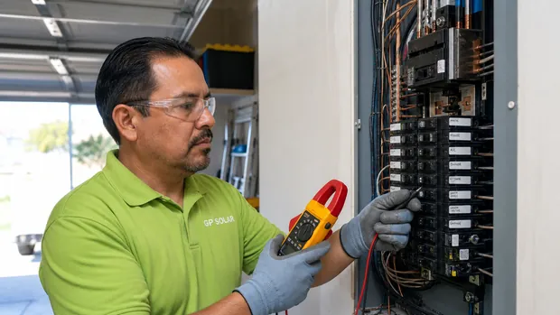 An electrician in a GP Solar shirt testing circuits inside an open main service panel with a clamp meter.