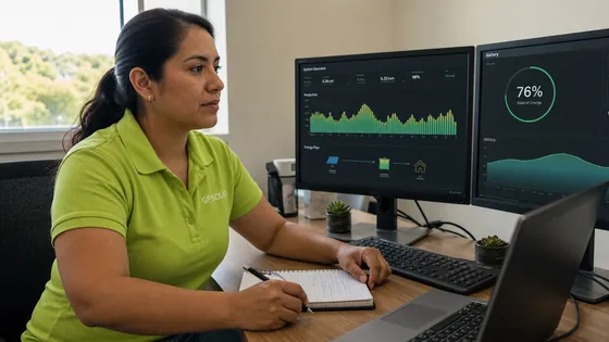 A GP Solar operations technician reviewing live production and battery state-of-charge dashboards.