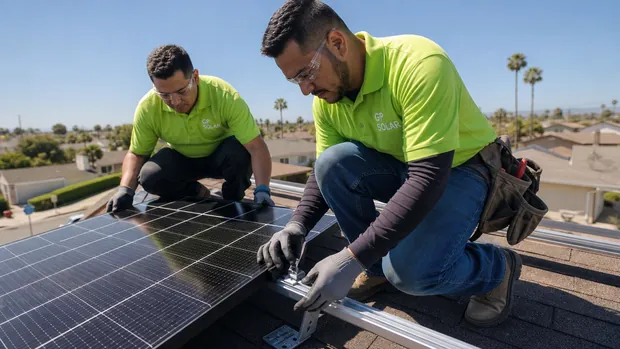 Two installers in GP Solar shirts fitting a black solar panel into roof rails.